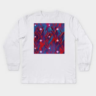 Icy Maple leaves on a deep red and blue leaf background Kids Long Sleeve T-Shirt